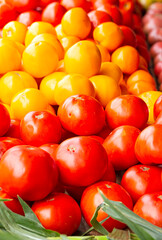 Fresh picked yellow and red tomatoes at a local farmer's market