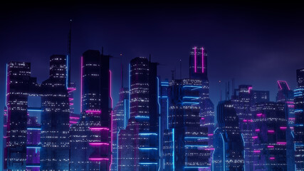 Sci-fi City Skyline with Blue and Pink Neon lights. Night scene with Visionary Superstructures.