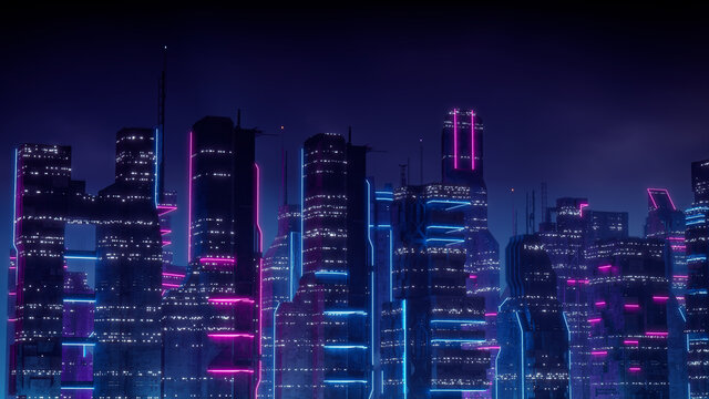 Sci-fi City Skyline with Blue and Pink Neon lights. Night scene with Visionary Superstructures.