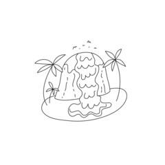 Vector outline illustration of tropical island with waterfall and palms. Mini landscape scene.