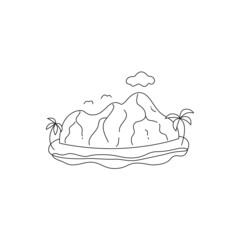 Vector outline illustration of tropical island with hill or mountain, water and palms. Mini landscape scene.