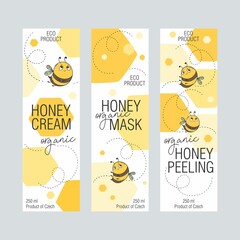 Set of labels for cosmetics with bee honey. Design templates for cosmetics packaging.
