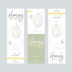 Set of labels for cosmetics with bee honey. Design templates for cosmetics packaging.