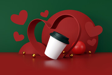 valentine's day concept. white cup of coffee on green and red background. 3D illustration