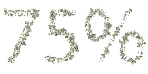Dollar sign. American money number 75. Cash white background, us bill. Money falling.