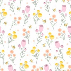 Seamless pattern with bees on a summer background. Vector illustration. To create fabric, paper, postcards.
