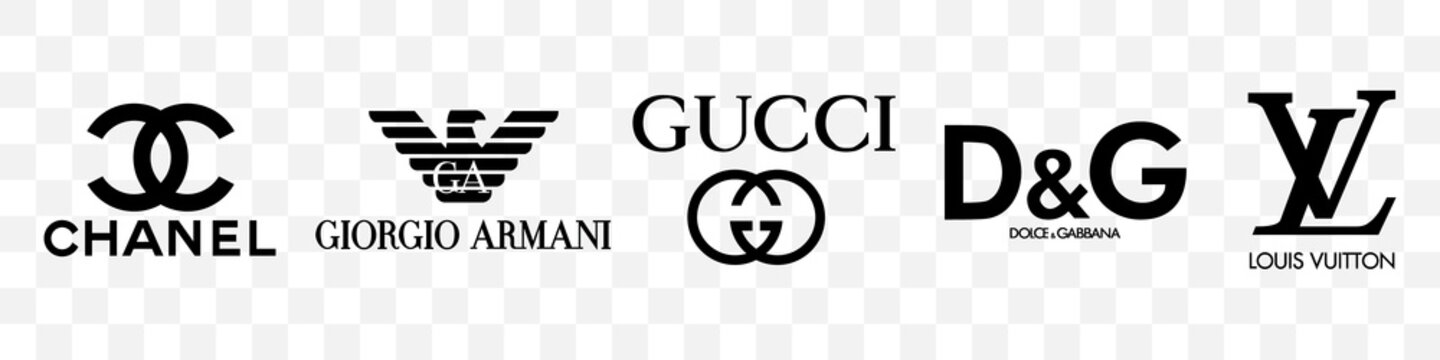 Louis Vuitton, Chanel, Gucci, Armani, Dolce Gabbana logos collection on a transparent background