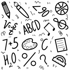 Raster set of black learning elements. Education, school lessons, physics, mathematics, chemistry, drawing, music. Books, notebooks. Suitable for patterns, prints, banners, advertisements. Knowledge