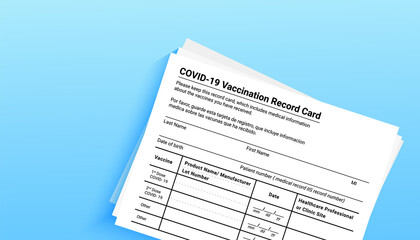 Coronavirus vaccination record card over blue background with copy space for travel and movement without borders. View from above. Concept of defeating Covid-19. Vector illustration banner