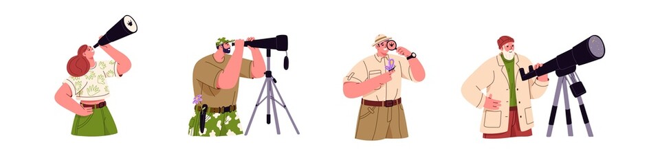 Set of people looking and watching through telescope, binoculars, spyglass and magnifying glass. Explorers observing nature and sky with lenses. Flat vector illustration isolated on white background.