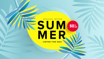 Fototapeta na wymiar Summer sale vector illustration with tropical leaves background. Promotion banner for website, flyer and poster