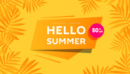 Trendy summer sale banner design background with tropical palm on yellow background. Vector Illustration