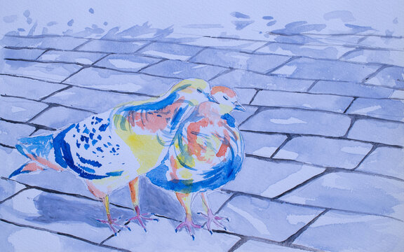 Rough watercolor painting of cute birds © sk shizuka