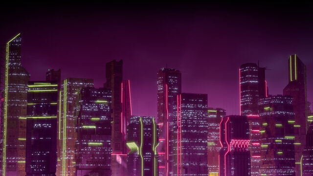 Sci-fi City Skyline with Pink and Yellow Neon lights. Night scene with Visionary Skyscrapers.