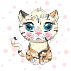 Yellow and spotted cat with beautiful eyes among flowers and balloons in cartoon style, colorful illustration for children. Greeting card