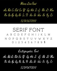 Handmade, calligraphic, linear, and serif typographic fonts set.