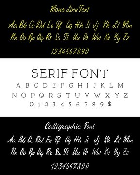 Handmade, calligraphic, linear, and serif typographic fonts set.