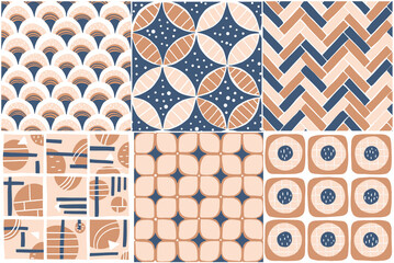 Set of 6 - modern abstract tile geometry hand-drawn vector seamless pattern - for fabric, wrapping, textile, wallpaper, background.