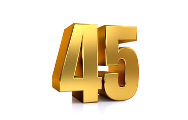 Forty-five, 3d illustration golden number 45 on white background and copy space on right hand side for text, best for anniversary, birthday, new year celebration. - obrazy, fototapety, plakaty