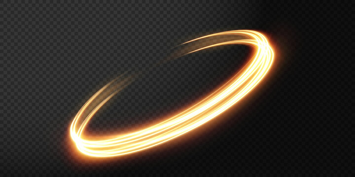 Golden circle light png. Luminous gold wavy line of light on a transparent background.  Curve gold line png for games, video, photo, callout, HUD. Isolated vector illustration. 