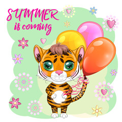 Cute cartoon tiger with beautiful eyes with balloons, greeting card. Chinese New Year 2022, Christmas Year of the Tiger