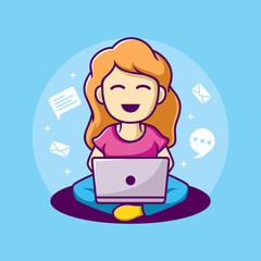 Woman working on laptop illustration. work from home cartoon character