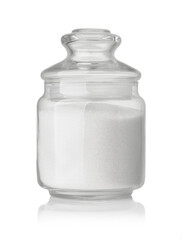 Front view of  refined granulated sugar in glass jar