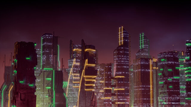 Sci-fi Metropolis with Orange and Green Neon lights. Night scene with Visionary Skyscrapers.