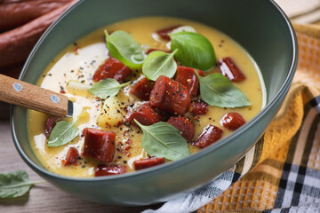 Close-up of cheese and potato soup served with smoked sausages in a green bowl, selective focus
