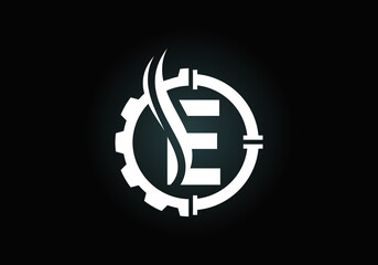 Initial E monogram alphabet with gear pipe and flame. Oil and gas logo concept. Font emblem. Modern vector logo for petroleum business and company identity