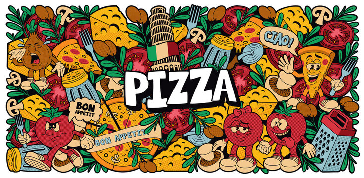 a colorful pizza background in cartoon style, this design can be used as wallpaper for a restaurant