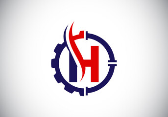 Initial H monogram alphabet with gear pipe and flame. Oil and gas logo concept. Font emblem. Modern vector logo for petroleum business and company identity