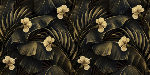 Tropisches exotisches nahtloses Muster mit goldenem Hibiskus, Vintage-Bananenblättern, Palmblättern. Handgezeichnete Luxus-3D-Illustration. Glamouröse Hintergrundkunst. Gut für Tapeten, Stoff, Stoffdruck, Wandbild