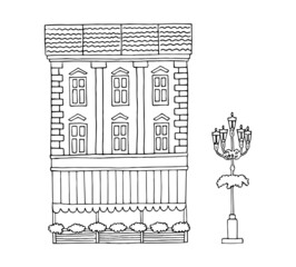 Urban retro building with a cafe on the ground floor. Street light. Vector black and white sketch illustration hand drawn