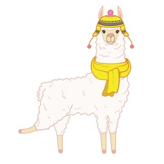 Cute llama with a winter hat and scarf. Vector illustration isolated on white background © tiena