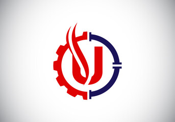 Initial U monogram alphabet with gear pipe and flame. Oil and gas logo concept. Font emblem. Modern vector logo for petroleum business and company identity