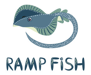 Stingray sails among the fish on a white background. illustration on a sea theme in a cartoon childlike style.