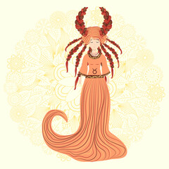 Zodiac, Virgo zodiac sign illustration as a beautiful girl with braids. Vintage zodiac boho style fashion illustration