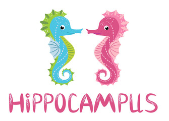 Pair of seahorses, scandinavian style hippocampus, hand drawn, pink and turquoise, boy and girl, love and family