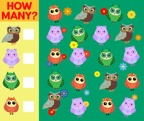 Cartoon Illustration of Educational Counting Activity Game for Children with Bird Characters