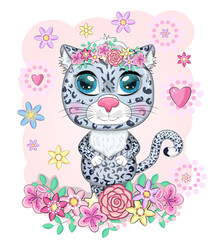 Cartoon snow leopard with expressive eyes among flowers, hearts, decorative elements. Wild animals, character, childish cute style.