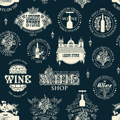 Seamless pattern on the theme of wine and liquor stores. Monochrome vector background with wine labels, emblems, logos, signs on a black backdrop. Wallpaper, wrapping paper, fabric in retro style