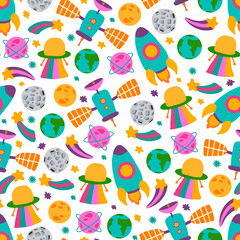 Baby space seamless pattern with satellite, planet and rocket