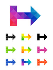 Set of colorful arrow pointing right connected with vertical line. Good for app, web or project element. Vector illustration.