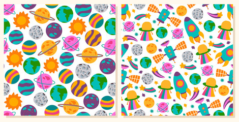 Baby space seamless pattern set with planets, stars and satellite in bright colors