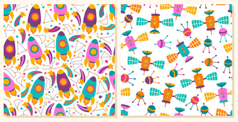 Baby space seamless pattern set with spaceship, constellations and satellites