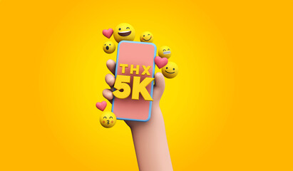 Thanks 5k social media supporters. cartoon hand and smartphone. 3D Render.