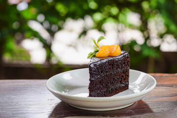 chocolate cake on a white plate