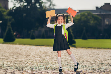 Photo of nice glad schoolgirl hands hold two copybook shiny smile wear bag school uniform street...