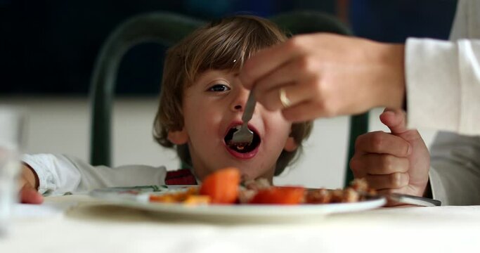 Little boy at lunch table, parent feeding food to toddler son